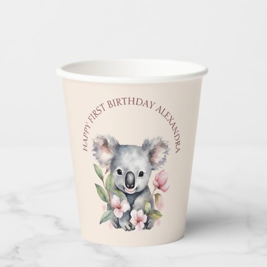 ハッピーファースト誕生日ウォーターカラーコアラ 紙コップ (正面)