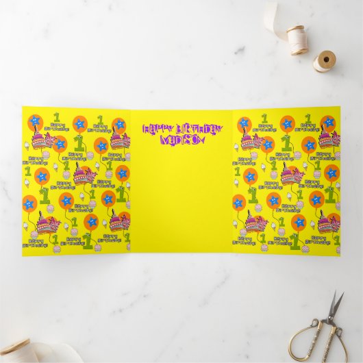 ハッピーファースト誕生日カード、#1誕生日黄 三つ折りカード (内部)