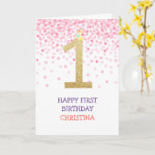 ハッピーファースト誕生日ガールピンク紙吹雪金ゴールドカワイト カード (黄色い花)