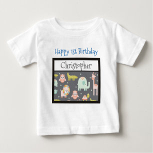 ハッピーファースト誕生日サファリ動物パターン ベビーTシャツ
