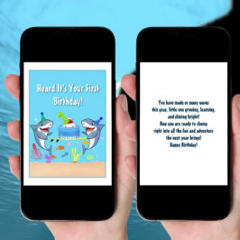 ハッピーファースト誕生日サメとケーキ カード