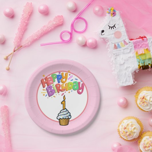 ハッピーファースト誕生日ピンク紙プレート ペーパープレート (パーティー)