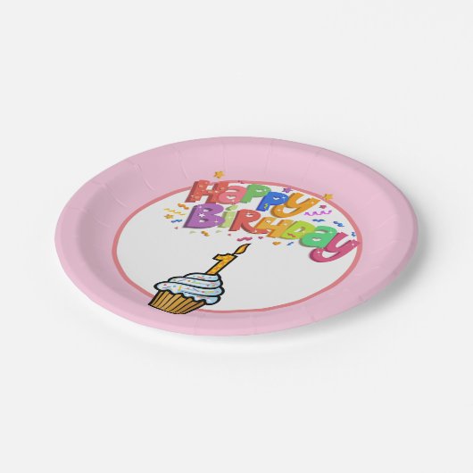 ハッピーファースト誕生日ピンク紙プレート ペーパープレート (アングル)