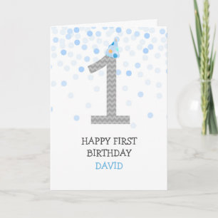 ハッピーファースト誕生日ボーイブルー紙吹雪シェブロン カード