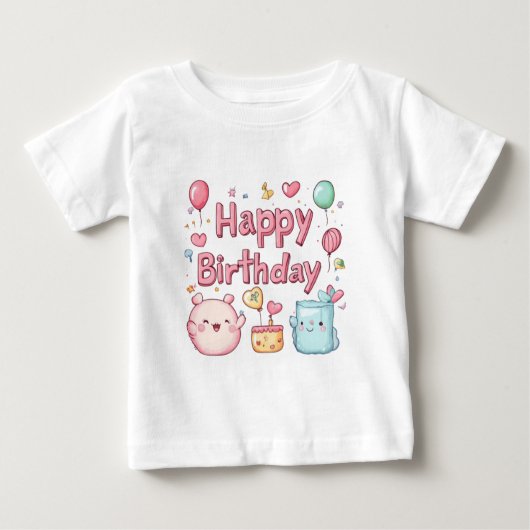 ハッピーファースト誕生日 – かわいいハッピーバースデーデザイン ベビーTシャツ (正面)