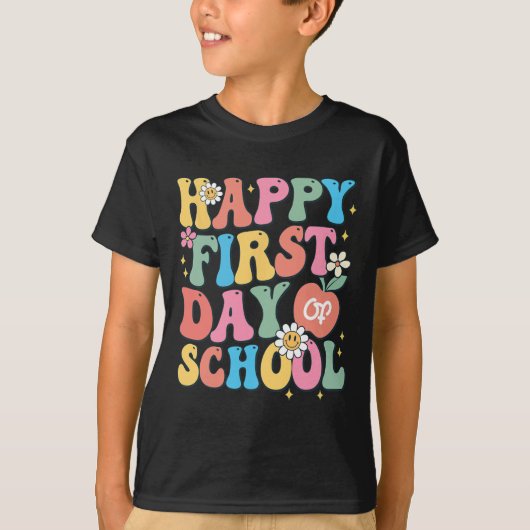 ハッピーファースト・デイ・オブ・スクール先生少年少女たち戻る Tシャツ (正面)
