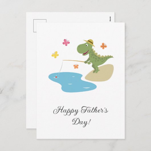 ハッピーファーズデイかわいい漫画の恐竜魚釣り シーズンポストカード (正面/裏面)