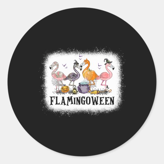 ハッピーフラミンゴウィーンピンクフラミンゴハロウィーンスケレット ラウンドシール (正面)