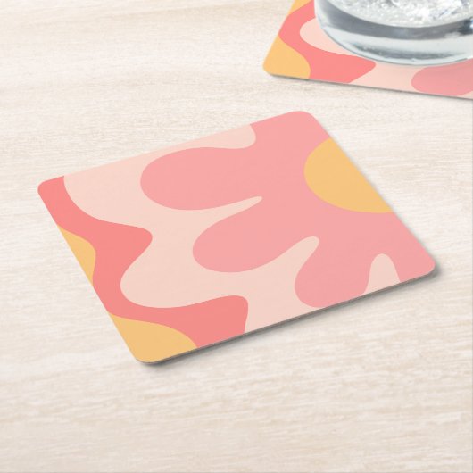 ハッピーフラワーレトロ60s赤面ピンクと黄色 スクエアペーパーコースター (アングル)