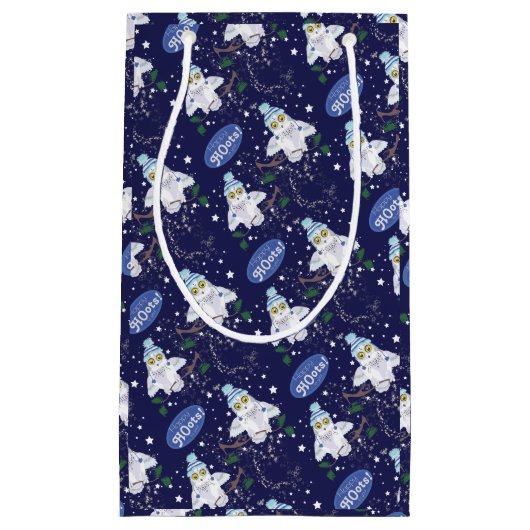 ハッピーフーパターンクリスマスの雪フクロウ  スモールペーパーバッグ (正面)