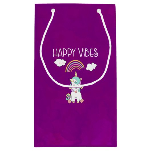 ハッピーブスタイポグラフィかわいい笑顔ユニコーン スモールペーパーバッグ (裏面)