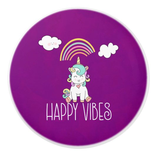 ハッピーブスタイポグラフィかわいい笑顔ユニコーン セラミックノブ (正面)