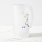 ハッピーブスタイポグラフィかわいい笑顔ユニコーン フロストグラスビールジョッキ (正面右)