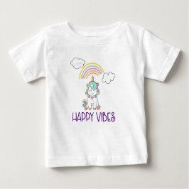 ハッピーブスタイポグラフィかわいい笑顔ユニコーン ベビーTシャツ