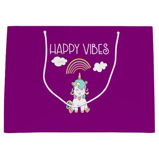 ハッピーブスタイポグラフィ素晴らしレインボー&ユニコーン ラージペーパーバッグ (正面)