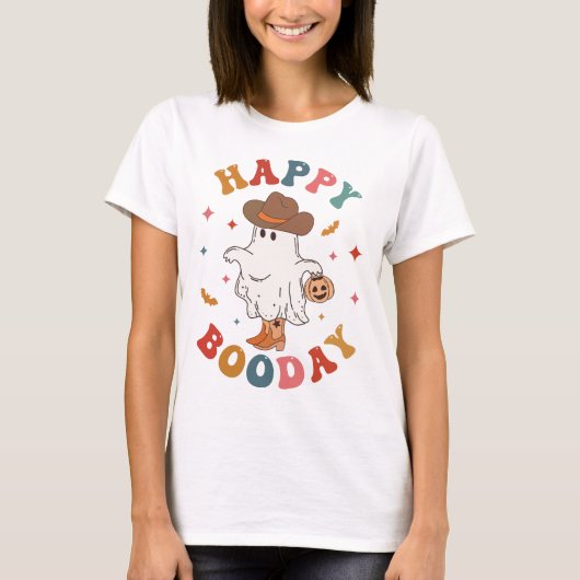 ハッピーブデイおもしろいグルービー女性のカーボーイハロウィーン Tシャツ (正面)