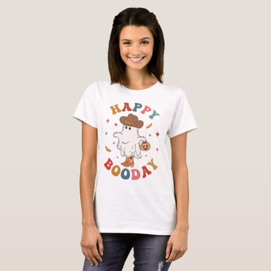 ハッピーブデイおもしろいグルービー女性のカーボーイハロウィーン Tシャツ (正面フル)