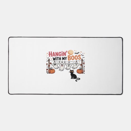 ハッピーブデイ幽霊猫PNG – 可愛不気味いオーバーサイズ デスクマット (正面)