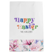 ハッピーブランチタイポグラフィパステルフラワーズパターン ミディアムペーパーバッグ (裏面)