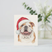 ハッピーブルドッグの水彩画サンタ帽のアート シーズンカード (スタンド正面)