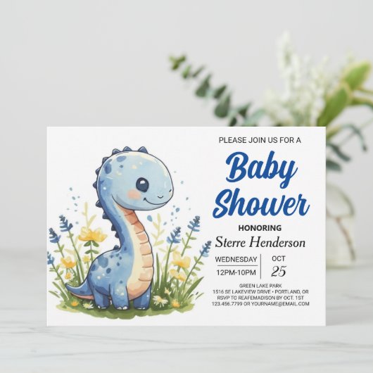 ハッピーブルーおもしろい恐竜少年の赤ちゃんシャワー 招待状 (スタンド正面)