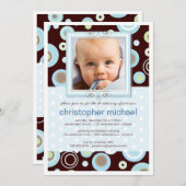 ハッピーブルードットベイビー写真洗礼招待状 招待状 (正面/裏面)