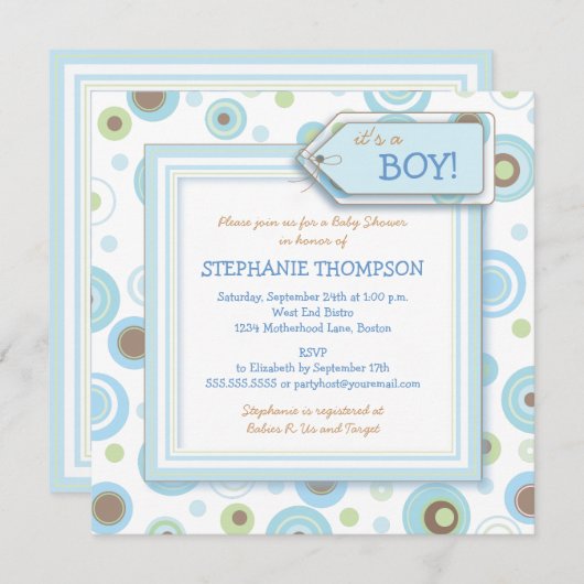 ハッピーブルードットボーイベビーシャワー招待状 招待状 (正面/裏面)