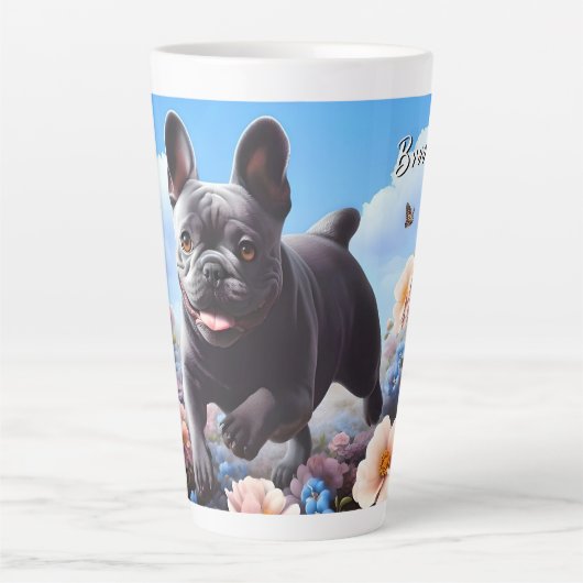 ハッピーブルーフランスのブルドッグ&フラワーズ カフェラテマグ (正面)