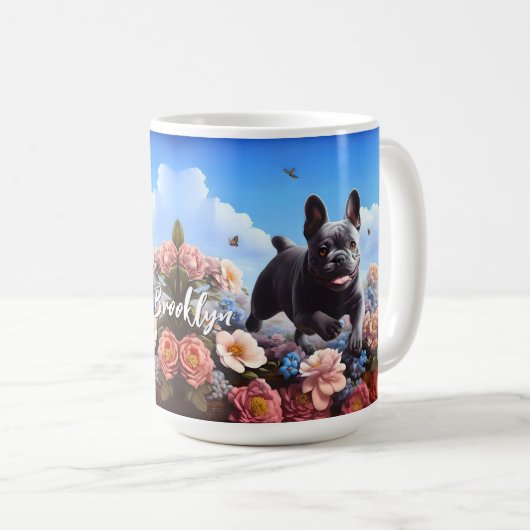 ハッピーブルーフランスのブルドッグ&フラワーズ コーヒーマグカップ (正面右)
