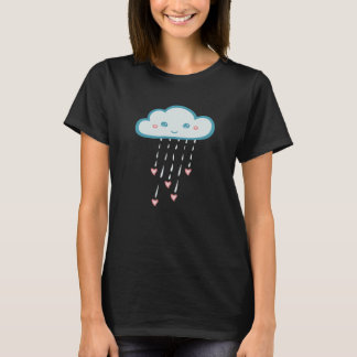 ハッピーブルーレインクラウド雨ピンクハート Tシャツ