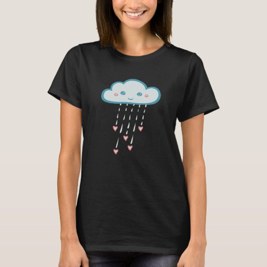 ハッピーブルーレインクラウド雨ピンクハート Tシャツ (正面)