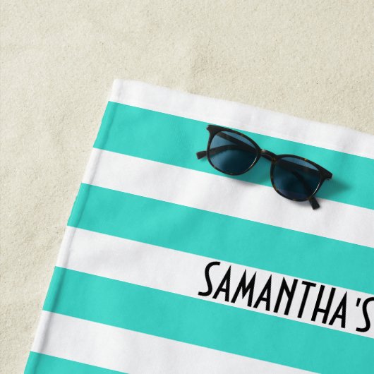 ハッピープレイスネオンアクアアンドホワイトストライプビーチタオル ビーチタオル (インサイチュ)