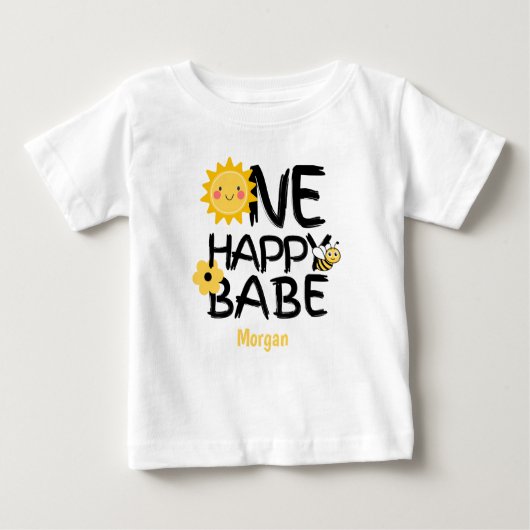 ハッピーベイビーイエローサニーbee女子1歳誕生日 ベビーTシャツ (正面)