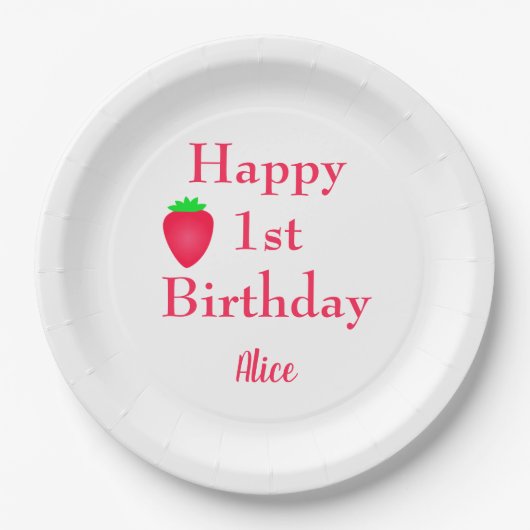 ハッピーベリーファーストストロベリー1st ガーリー誕生日 ペーパープレート (正面)