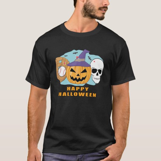ハッピーベースボールハロウィン不気味-スカル'nカボチャ tシャツ (正面)