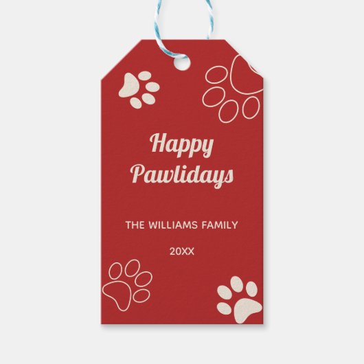 ハッピーペイデイズドッグポーレッドプレイドフォトクリスマス ギフトタグ (正面)