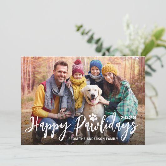 ハッピーペイリデイズクリスマスツリー赤い格子模様ペット写真 シーズンカード (スタンド正面)