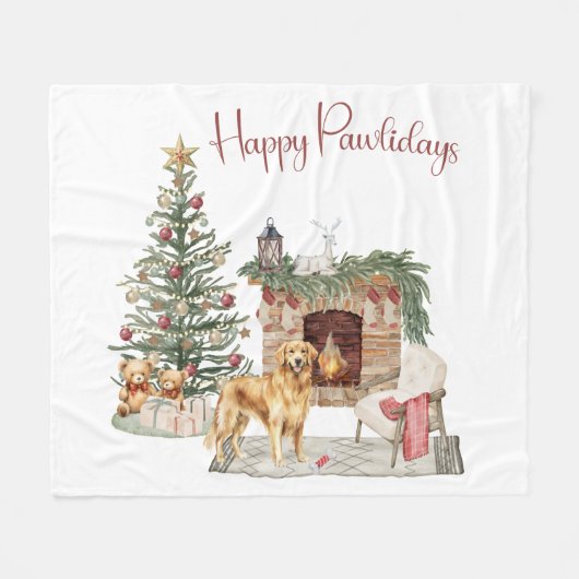 ハッピーペイリデイズドッグデザイン – ゴールデンレトリバー フリースブランケット (正面(横))