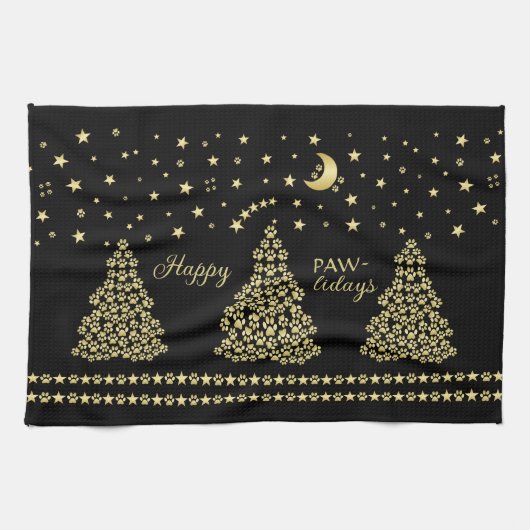 ハッピーペイリデイズ、金ゴールド光沢のあるポークリスマスツリー キッチンタオル (横)