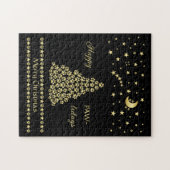 ハッピーペイリデイズ、金ゴールド光沢のあるポークリスマスツリー ジグソーパズル (横)