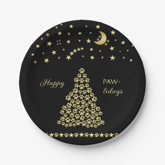 ハッピーペイリデイズ、金ゴールド光沢のあるポークリスマスツリー ペーパープレート (正面)