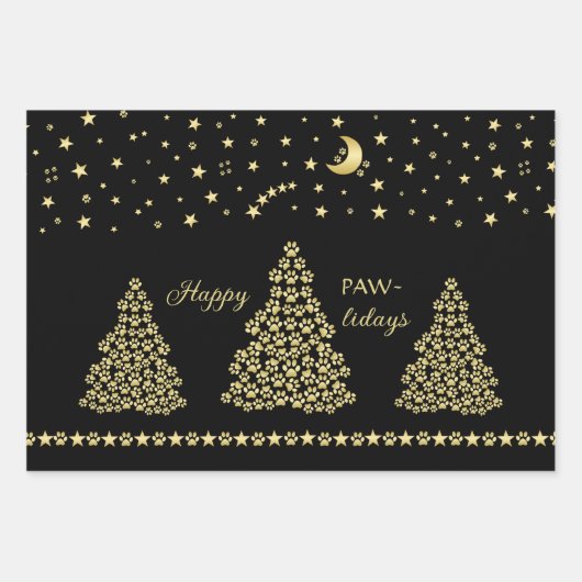 ハッピーペイリデイズ、金ゴールド光沢のあるポークリスマスツリー ラッピングペーパーシート (正面)