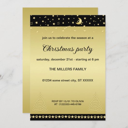 ハッピーペイリデイズ、金ゴールド光沢のあるポークリスマスツリー 招待状 (正面/裏面)