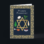 ハッピーペサッチセダープレートスターオブデイビッド  シーズンカード<br><div class="desc">青と金ゴールド「Happy Passover」「SederプレートとStar of David」のグリーティング・カード。カスタマイズ表面に表示されるグリーティングと、カード内部に表示されるメッセージが表示されます。</div>
