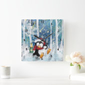 ハッピーペンギン付きクリスマスウォール時計 スクエア壁時計 (ホーム)
