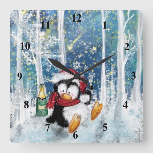 ハッピーペンギン付きクリスマスウォール時計 スクエア壁時計 (正面)