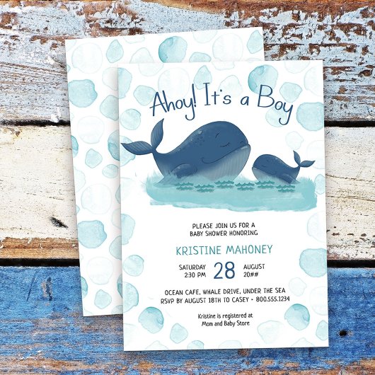 ハッピーホエールウォーター色アホイその男の子の赤ちゃんシャワー 招待状