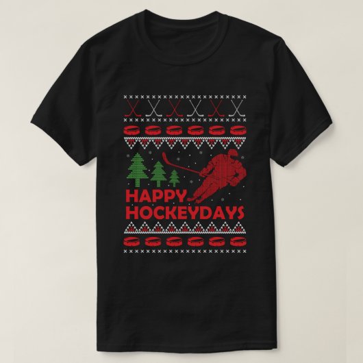 ハッピーホッケー日おもしろい醜いクリスマスセーター Tシャツ (デザイン正面)