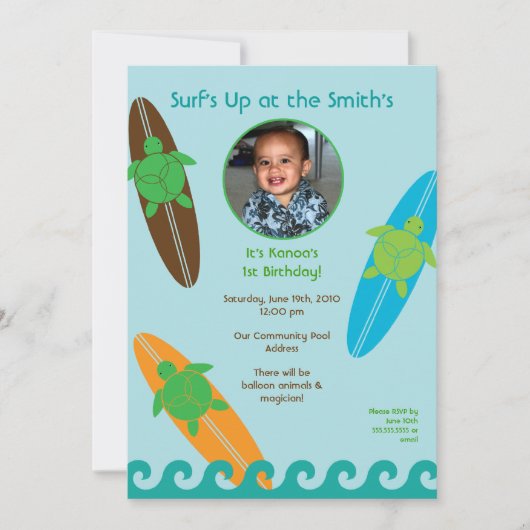 ハッピーホヌラブサーフフォト誕生日招待状 招待状 (正面)
