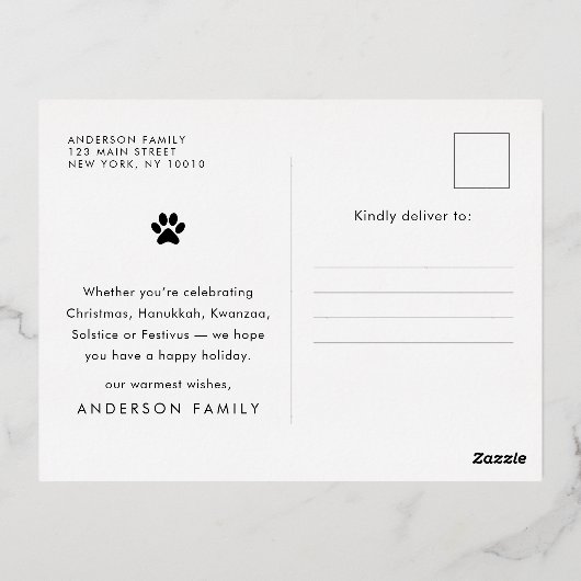 ハッピーホリおもしろいーズモダンペットカスタム写真 箔シーズンポストカード (裏面)